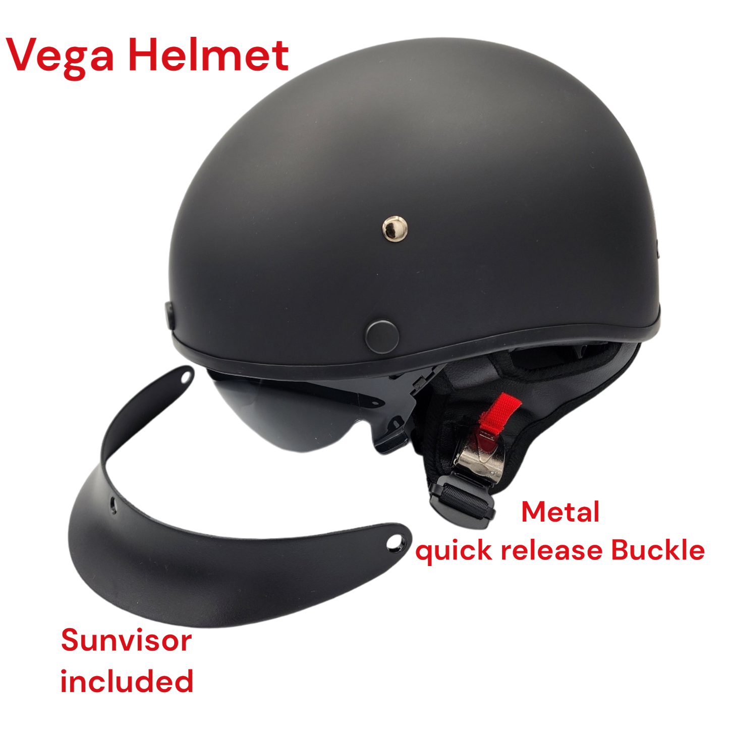 Vega Warrior Half Helmet with size adjuster, dropdown shield and sunvisor - Matte Black