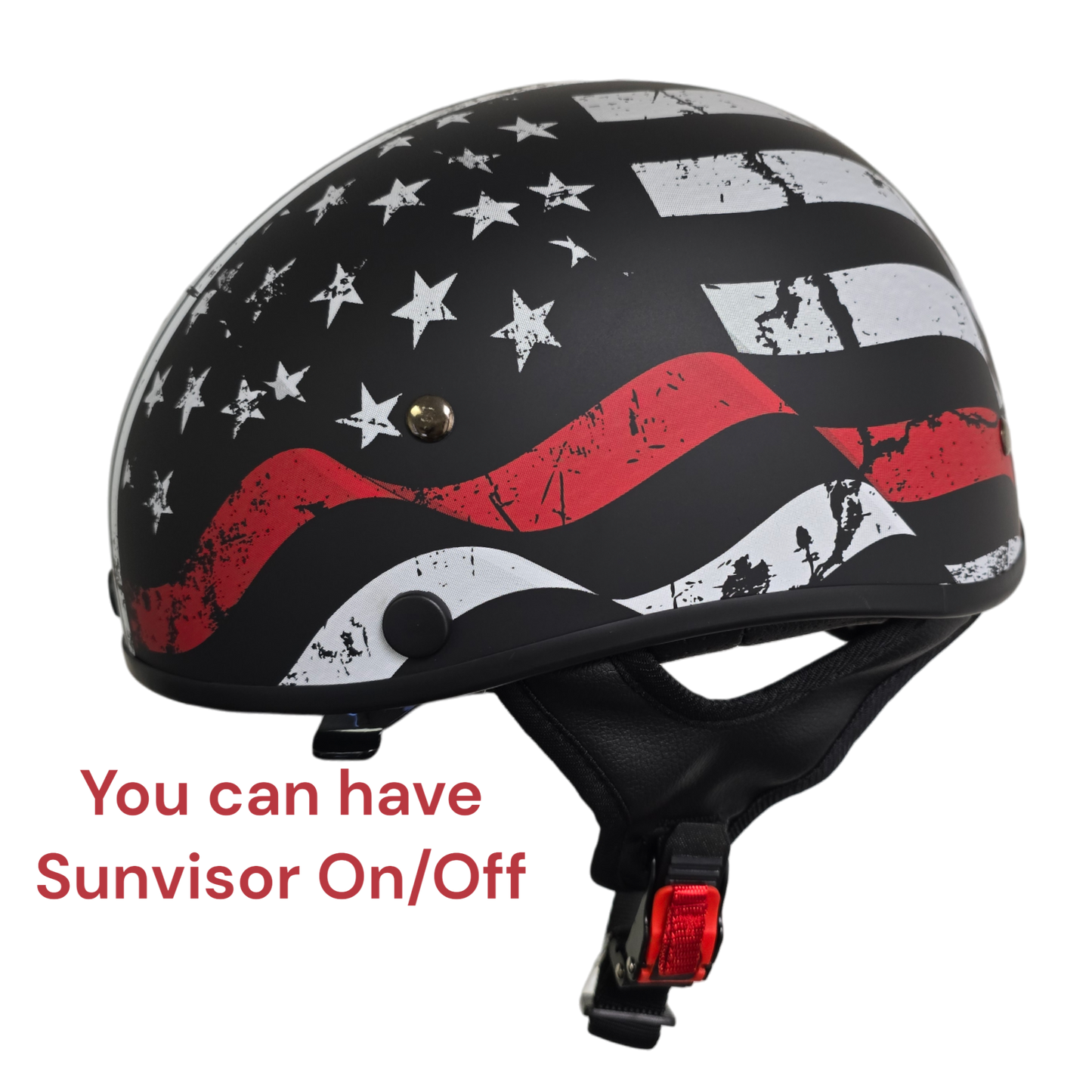Vega Warrior Half Helmet with size adjuster, dropdown shield and sunvisor - Back the Red