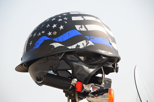 Vega Warrior Half Helmet with size adjuster, dropdown shield and sunvisor - Back the Blue