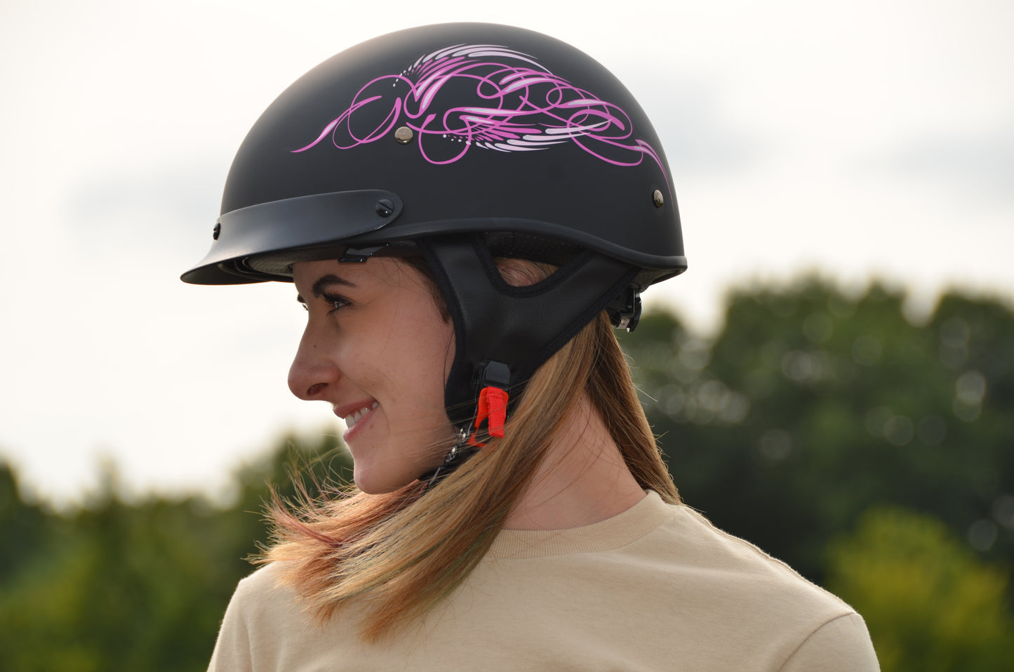 Vega Warrior Motorcycle Half Helmet with dropdown shield and sunvisor - Pink Scroll