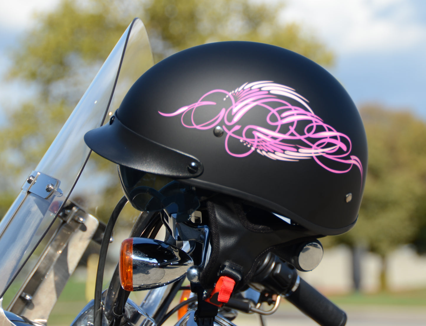 Vega Warrior Motorcycle Half Helmet with dropdown shield and sunvisor - Pink Scroll