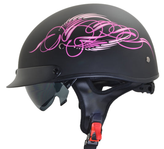 Vega Warrior Motorcycle Half Helmet with dropdown shield and sunvisor - Pink Scroll